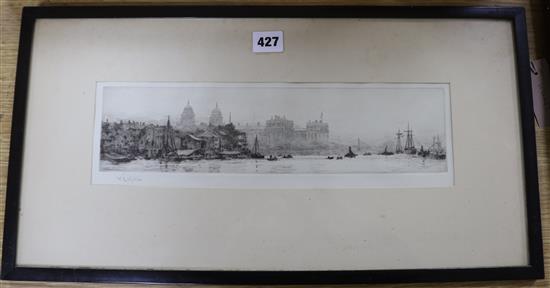 William Lionel Wyllie (1851-1931), etching and drypoint, The Thames at Greenwich with the Royal Naval College, signed in pencil 8.5 x 3